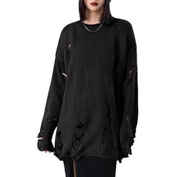 Arssm Womens Distressed Sweater Ripped Long Sleeve Crew Neck Punk Gothic Oversized Knit Pullover Sweater(Black-S)
