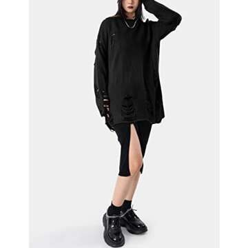 Arssm Womens Distressed Sweater Ripped Long Sleeve Crew Neck Punk Gothic Oversized Knit Pullover Sweater(Black-S)