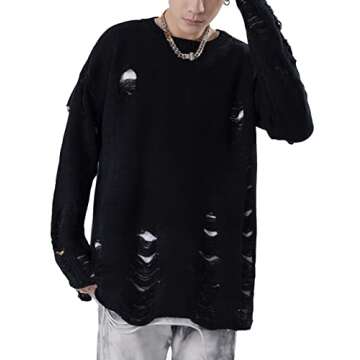 Arssm Womens Distressed Sweater Ripped Long Sleeve Crew Neck Punk Gothic Oversized Knit Pullover Sweater(Black-S)