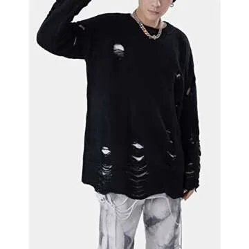 Arssm Womens Distressed Sweater Ripped Long Sleeve Crew Neck Punk Gothic Oversized Knit Pullover Sweater(Black-S)