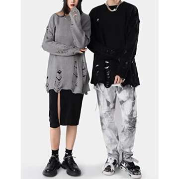 Arssm Womens Distressed Sweater Ripped Long Sleeve Crew Neck Punk Gothic Oversized Knit Pullover Sweater(Black-S)