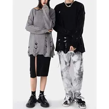 Arssm Womens Distressed Sweater Ripped Long Sleeve Crew Neck Punk Gothic Oversized Knit Pullover Sweater(Black-S)