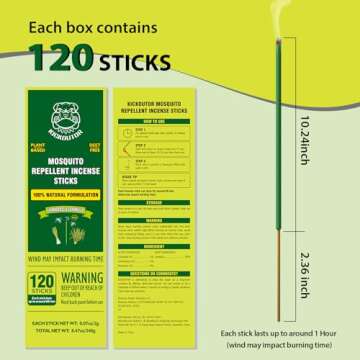 KICKOUTOR Mosquito Repellent Outdoor Patio 120 PCS Citronella Oil Mosquito Incense Sticks Natural Or...
