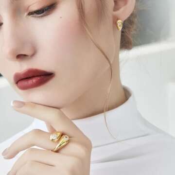 Cicy Bell 18k Gold Plated Chunky Statement Rings for Women Teardrop Cubic Zirconia Trendy Delicate Band Rings Gifts for Her