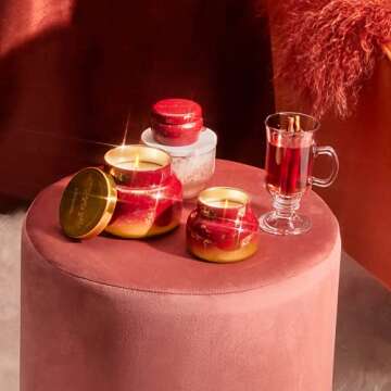 Capri Blue Glimmer Petite Signature Jar Candle - Apple Cider Social Scented Candle with Ombre Glass Candle Holder - Luxury Aromatherapy Candle - Red and Gold Candle (8 oz)