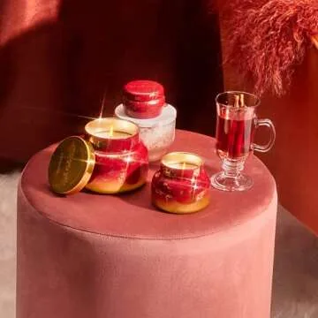 Capri Blue Glimmer Petite Signature Jar Candle - Apple Cider Social Scented Candle with Ombre Glass Candle Holder - Luxury Aromatherapy Candle - Red and Gold Candle (8 oz)