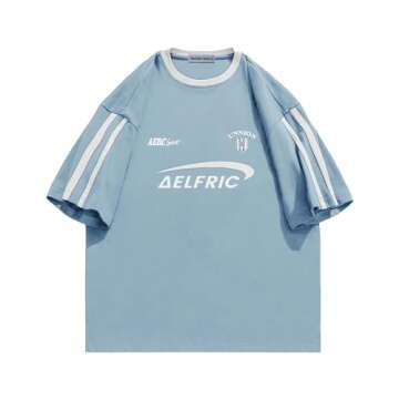 Aelfric Eden Graphic Tees Men Y2k Oversized T Shirt Women Color Block Vintage Jersey Striped Summer Tops Light Blue