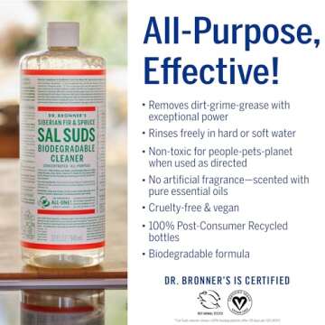 Dr. Bronner's - Sal Suds Biodegradable Cleaner (32 oz, 2-pack) - All-Purpose Cleaner, Pine Cleaner for Floors, Laundry and Dishes, Concentrated, Cuts Grease and Dirt, Powerful Cleaner