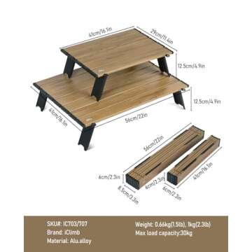 iClimb Ultralight Compact Mini Beach Picnic Folding Alu. Table with Carry Bag, Two Size (Nature - S)
