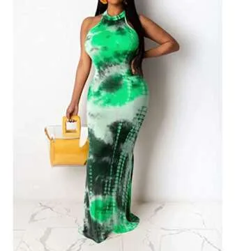 Beach Dresses for Women - Boho Floral Halter Sexy Summer Beach Maxi Dress Casual Vacation Sun Dresses Light Green L