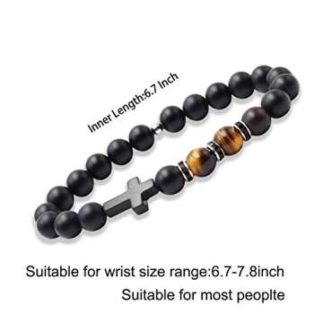 Byson Fashion Religion Cross Men Women 8mm Natural Stone Tiger Eye & Black Matte Agate Beads Bracele...