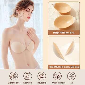 Super Sticky Push Up Adhesive Bra Invisible Strapless Backless Lifting Bra for Women with Nipple Pasties Black and Beige