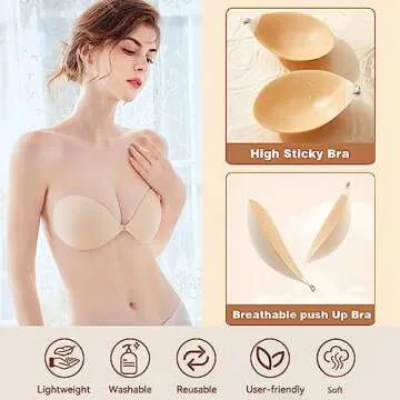 Super Sticky Push Up Adhesive Bra Invisible Strapless Backless Lifting Bra for Women with Nipple Pasties Black and Beige
