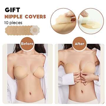 Super Sticky Push Up Adhesive Bra Invisible Strapless Backless Lifting Bra for Women with Nipple Pasties Black and Beige