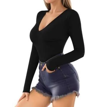 MANGOPOP Women's Stylish Long Sleeve Bodysuit with Deep V Neck and Ruched Design