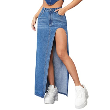 Stylish Verdusa Women's High Waist Split Thigh Denim Long Maxi Skirt in Blue