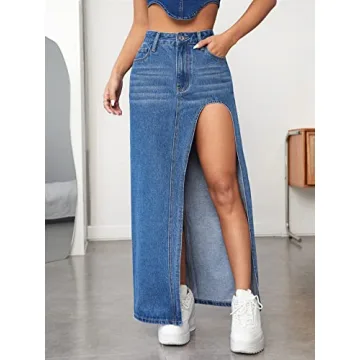 Verdusa High Waist Split Thigh Long Maxi Skirt in Blue