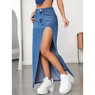 Verdusa High Waist Split Thigh Long Maxi Skirt in Blue