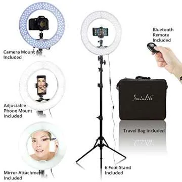 Socialite Ring Light - 14” Dimmable LED Lighting Kit w/Travel Bag for YouTube, Webinar, Social Media Photos - Remote Controlled Studio Lights w/ 6ft Stand - Works w/DSLR Camera, All Smartphones