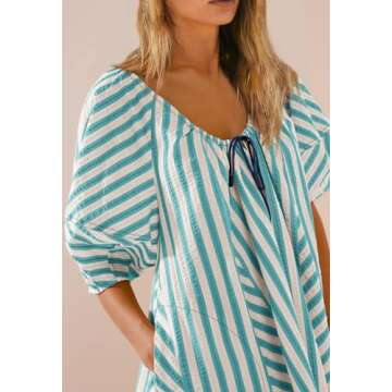 SENSERISE Womens Striped Romper Puff Sleeve Mini Shorts Romper Dress Beach Vacation Outfits with Pockets