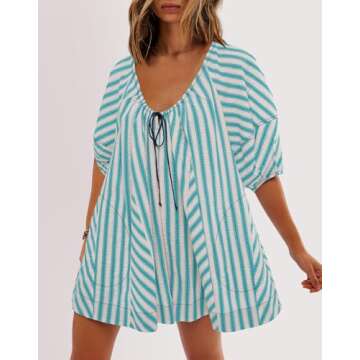 SENSERISE Womens Striped Romper Puff Sleeve Mini Shorts Romper Dress Beach Vacation Outfits with Pockets