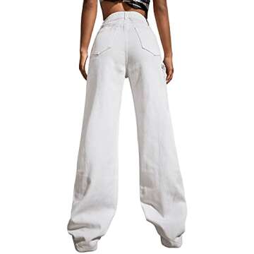 SweatyRocks Women's Casual Loose Ripped Denim Pants Distressed Wide Leg Jeans White M