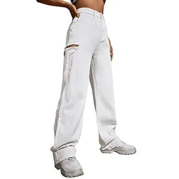 SweatyRocks Women's Casual Loose Ripped Denim Pants Distressed Wide Leg Jeans White M