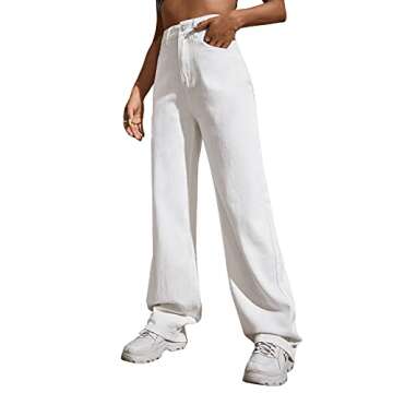 SweatyRocks Women's Casual Loose Ripped Denim Pants Distressed Wide Leg Jeans White M