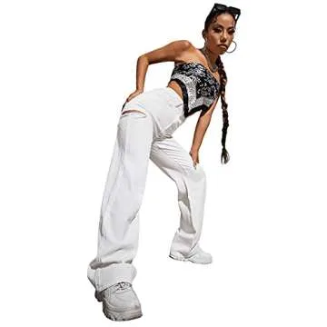 SweatyRocks Women's Casual Loose Ripped Denim Pants Distressed Wide Leg Jeans White M