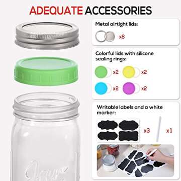 Wide Mouth Mason Jars 32 Oz, 8 PACK Large Glass Canning Jars with Metal Airtight Lids and Bands, Extra Leak-Proof Colored Lids, Chalkboard Labels and Marker, for Meal Prep, Drinking, DIY Projects