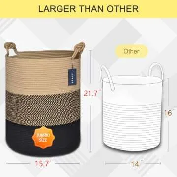 COMSE Extra Large Blanket Basket, High Storage Basket, Tall Rope Laundry Basket, 15.7”x 21.7”, Cotton Rope Basket, XXXL Laundry Basket, Toy Basket, Woven Basket, Clothes Baskets,Brown/Black