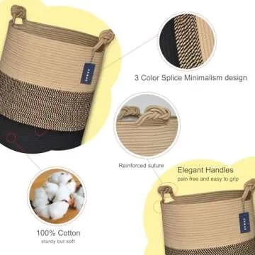COMSE Extra Large Blanket Basket, High Storage Basket, Tall Rope Laundry Basket, 15.7”x 21.7”, Cotton Rope Basket, XXXL Laundry Basket, Toy Basket, Woven Basket, Clothes Baskets,Brown/Black
