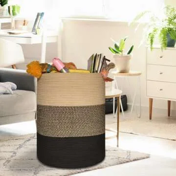 COMSE Extra Large Blanket Basket, High Storage Basket, Tall Rope Laundry Basket, 15.7”x 21.7”, Cotton Rope Basket, XXXL Laundry Basket, Toy Basket, Woven Basket, Clothes Baskets,Brown/Black