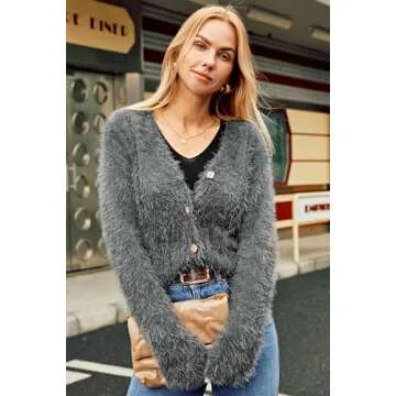 GRACE KARIN Women's Fuzzy Cardigan Long Sleeve Open Front V-Neck Button Down Loose Knit Sweater Outwear Coat
