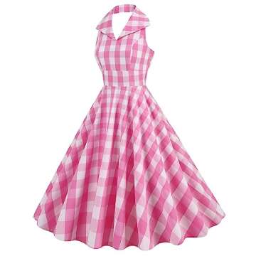 50s Plaid Dresses for Women Vintage Pink Plaid Dress Notched Lapel Belted Pink and White Checkered D...