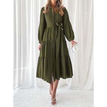 MASCOMODA Womens Dresses 2024 Fall Long Sleeve Midi Dress Casual V Neck Button Down Tiered Flowy Aline Tie Waist Shirt Dress(Army Green,Large)