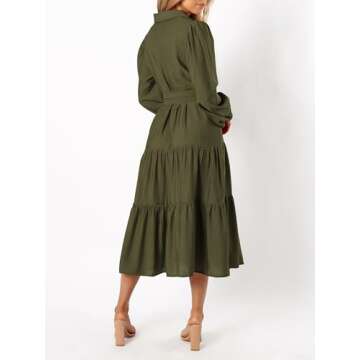 MASCOMODA Womens Dresses 2024 Fall Long Sleeve Midi Dress Casual V Neck Button Down Tiered Flowy Aline Tie Waist Shirt Dress(Army Green,Large)