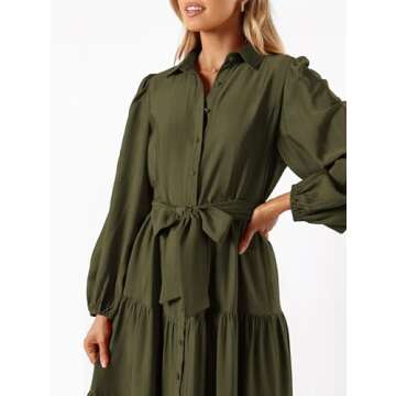 MASCOMODA Womens Dresses 2024 Fall Long Sleeve Midi Dress Casual V Neck Button Down Tiered Flowy Aline Tie Waist Shirt Dress(Army Green,Large)
