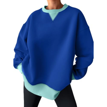 Trendy Queen Womens Oversized Crewneck Sweatshirt Fleeced Cozy Fall Fashion Color Block Top