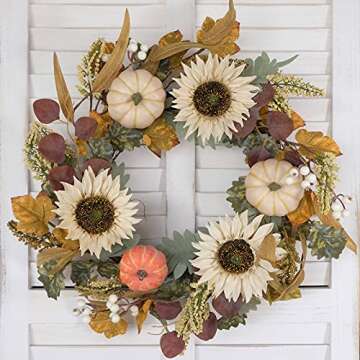 Idyllic 20" White Sunflower Artificial Pumpkins Fall Wreath - Green & Yellow Leaves for Front Door O...