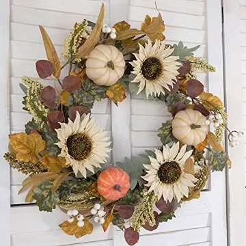 Idyllic 20" White Sunflower Pumpkins Fall Wreath for Decor