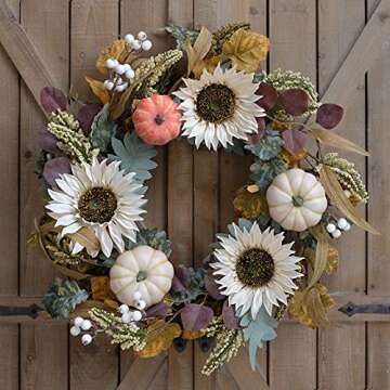 Idyllic 20" White Sunflower Pumpkins Fall Wreath for Decor