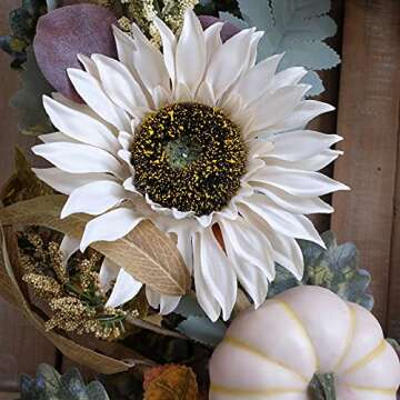 Idyllic 20" White Sunflower Pumpkins Fall Wreath for Decor