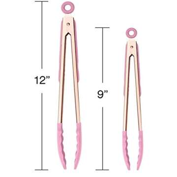 Set of Two 9” & 12” Stainless Steel Rose Gold Silicone Tipped Kitchen, BBQ Grill and Cooking Tongs - Non Stick Cookware, BPA Free, Stylish & Sturdy (Pink)