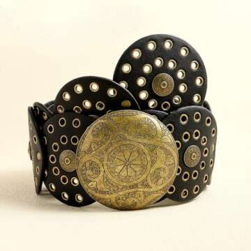 Suyi Wide Disc Belt for Women Leather Hollow Out Round Belts Vintage Western Waist Belt 130CM Black