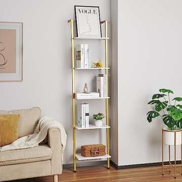 ELYKEN Ladder Shelf, Gold and White 5-Tier Wood Wall Mounted Bookshelf with Metal Frame, Modern Open...