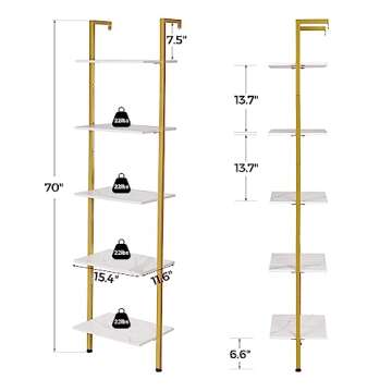 ELYKEN Ladder Shelf, Gold and White 5-Tier Wood Wall Mounted Bookshelf with Metal Frame, Modern Open Display Organizer Rack, Leaning Storage Shelves for Living Room, Bedroom, Home Office