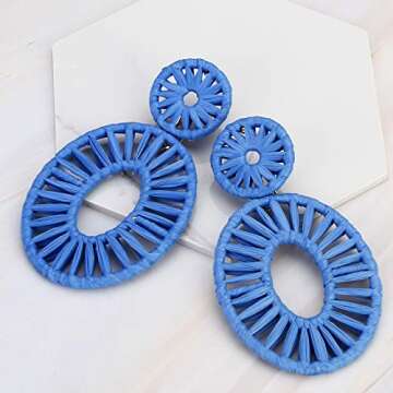 Statement Raffia Earrings Boho Drop Dangle Earrings for Women Bohemian Gift Jewelry（Navy Blue）