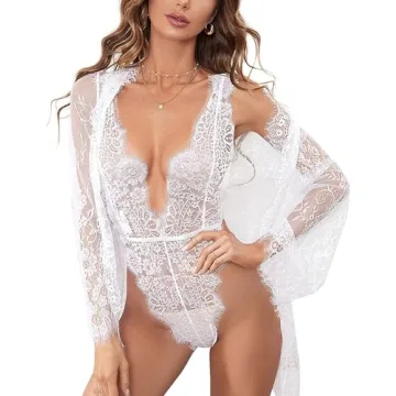 RSLOVE Women Bridal Lingerie Sexy Robe With Lace Teddy Set Eyelash Babydoll Bodysuit White M