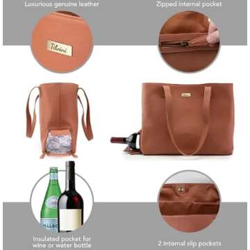 tilvini Genuine Leather Wine Tote Bag With Insulated Wine Bottle Compartment. Unique Wine Gift For Women. Wine Cooler Bag Purse – Pool Beach Tote, Boating, Picnic Bag, Travel Gift For Women (Tan)